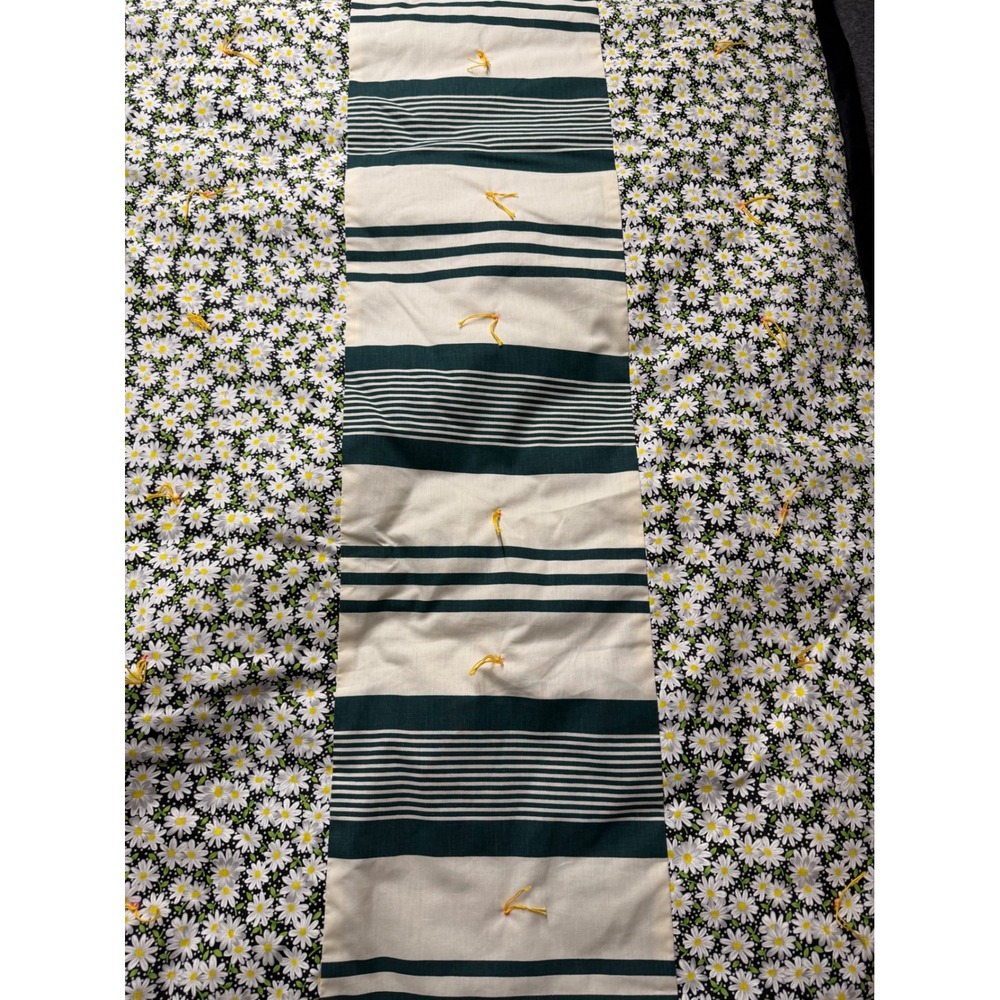 Handmade Patchwork Tied Quilt Floral Daisy Striped Cottagecore Black Green Cream - Picture 15 of 16
